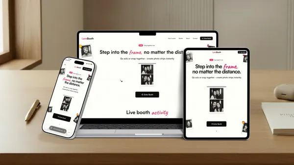 A laptop showing a virtual photo booth with a photo strip on a warm cream background