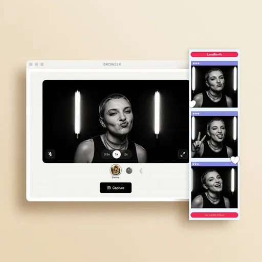 A virtual photo booth web interface showing a live camera viewfinder and a photo strip preview