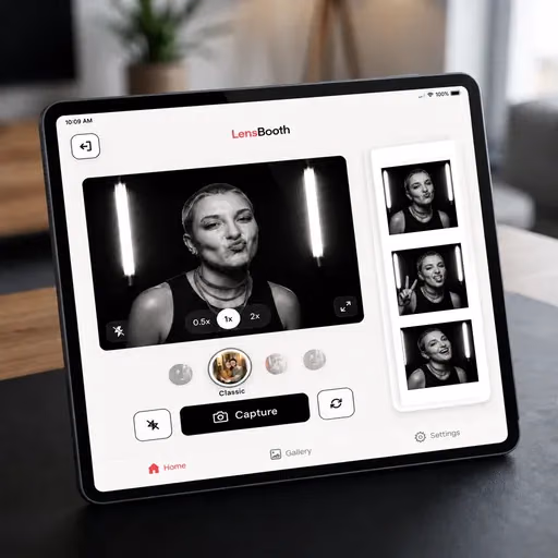 LensBooth interface showing camera viewfinder and photo strip preview